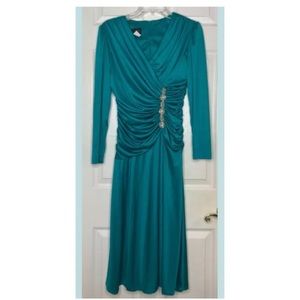 Vintage Woman JOVANI teal Green L/s V-Neck Evening Cocktail Dress Sz 10 EUC USA